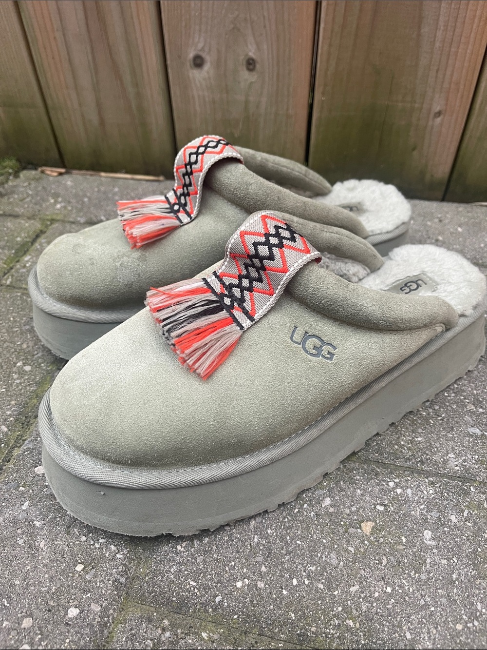 UGG Olive Green Suede Platform Tasman Clog with Coral Tassel Detail